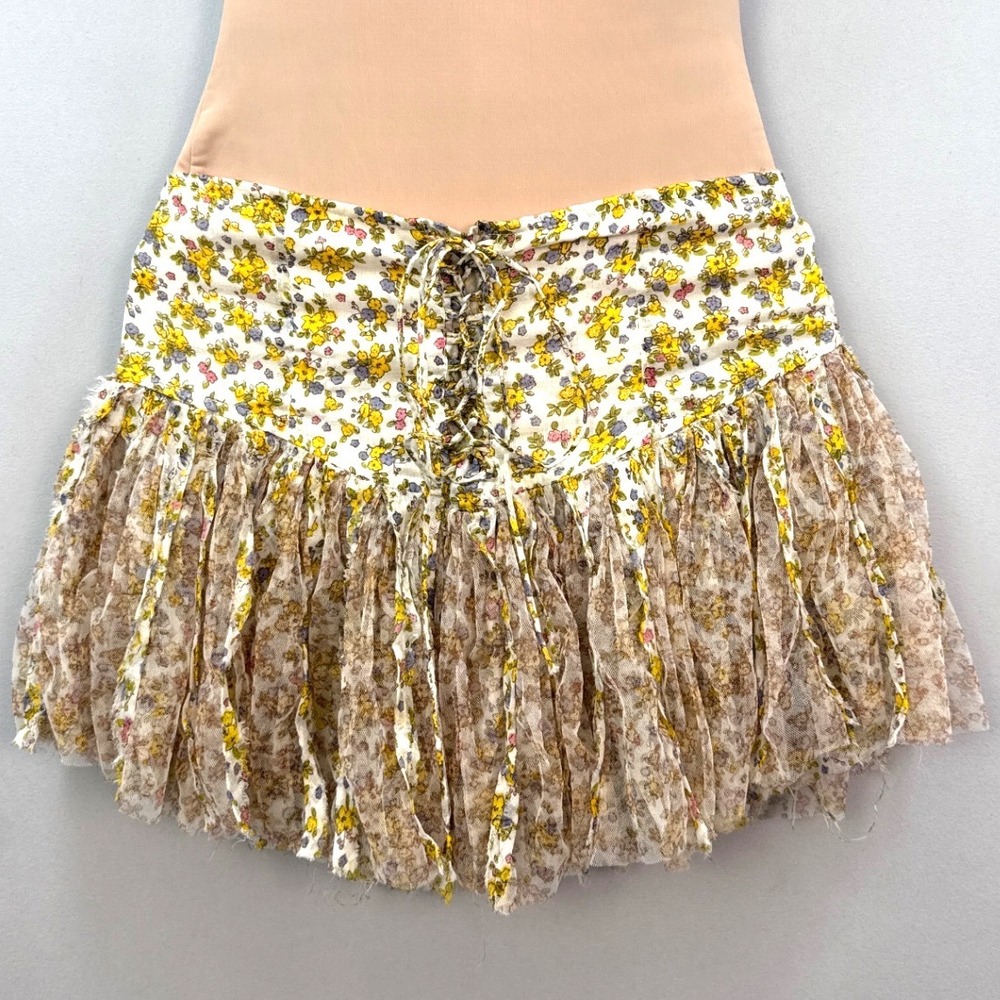 FP One Free People Floral Lace Up Smocked Mesh Layered Skort Small White Yellow